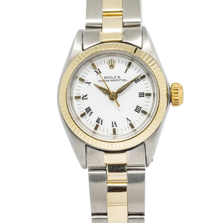 A silver and gold Rolex Oyster Perpetual wristwatch with a white face and Roman numeral hour markers.