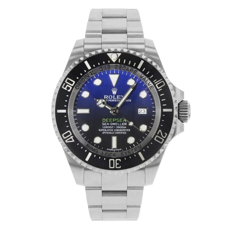 A Rolex Sea-Dweller DEEPSEA 116660 watch featuring a striking blue and black dial, a silver metal band, and a date display.