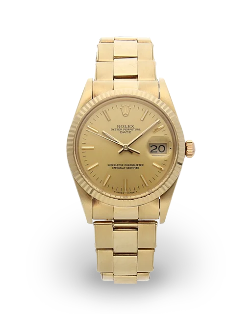A gold Rolex Oyster Perpetual Date 15037 wristwatch with a date display, gold dial, and gold metal bracelet.