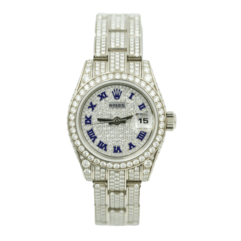Silver Rolex Datejust watch encrusted with diamonds, featuring blue Roman numerals and a date window at three o’clock.