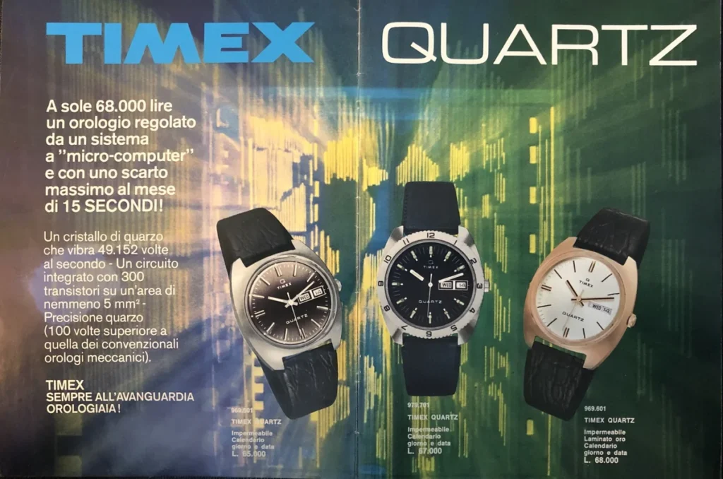 Three Timex Quartz watches on black bands, symbols of the quartz crisis era, are displayed against an abstract, colorful digital background.