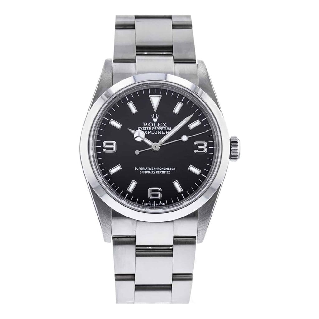 Silver Rolex Oyster Perpetual watch with a black dial and stainless steel bracelet, reminiscent of the classic Rolex Explorer 114270, viewed from above.
