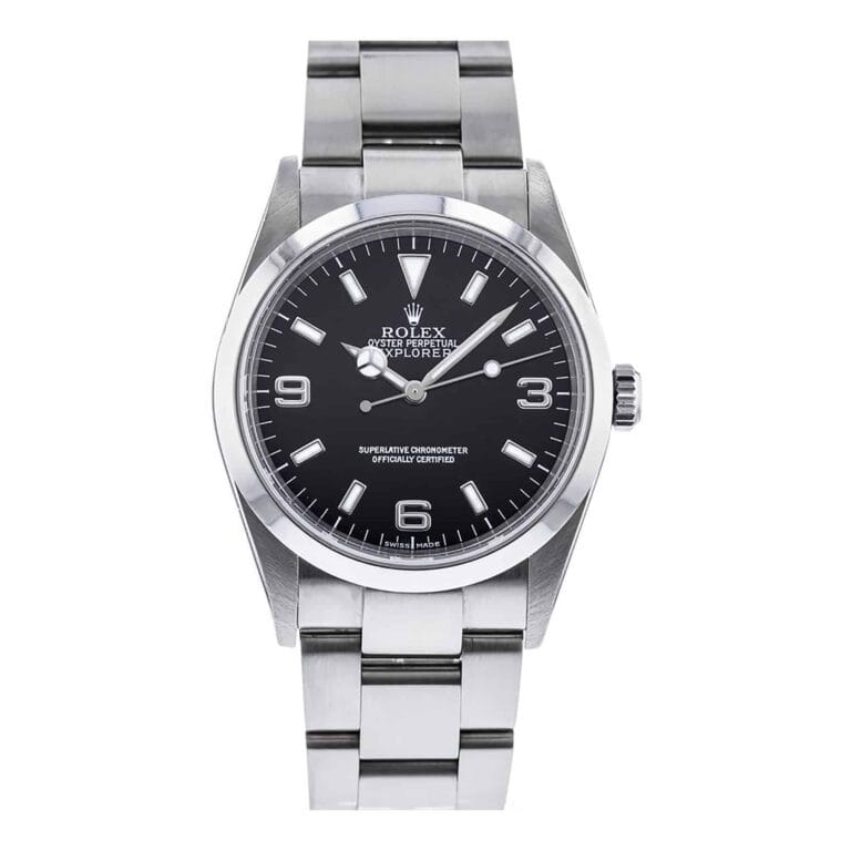 Silver Rolex Oyster Perpetual watch with a black dial and stainless steel bracelet, reminiscent of the classic Rolex Explorer 114270, viewed from above.