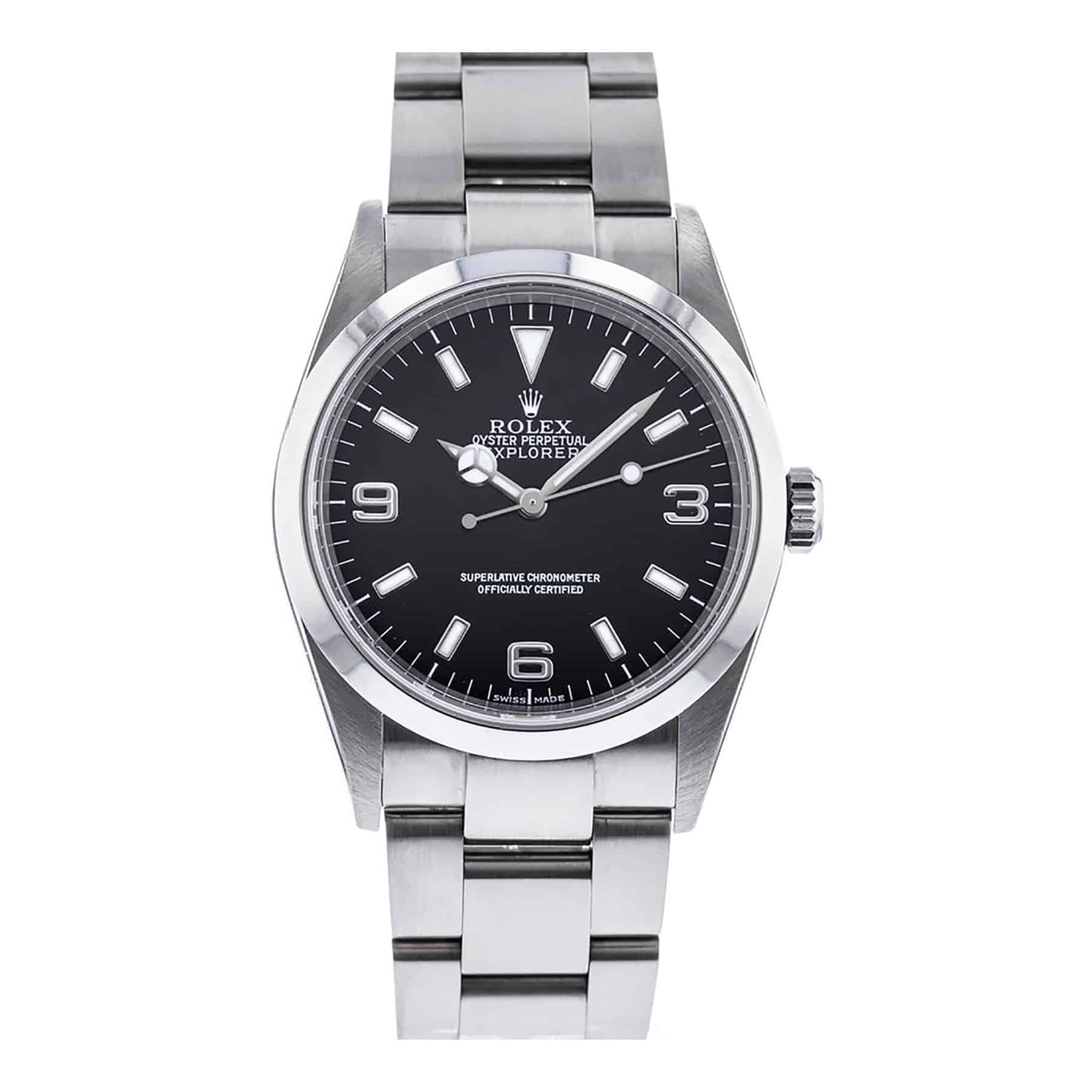 Silver Rolex Oyster Perpetual watch with a black dial and stainless steel bracelet, reminiscent of the classic Rolex Explorer 114270, viewed from above.