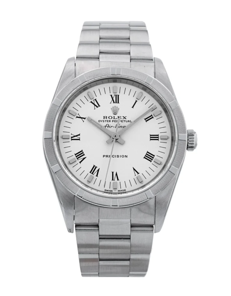 Silver Rolex Air-King wristwatch, model 14010M, with a white face, Roman numerals, and a metal band, viewed from above.