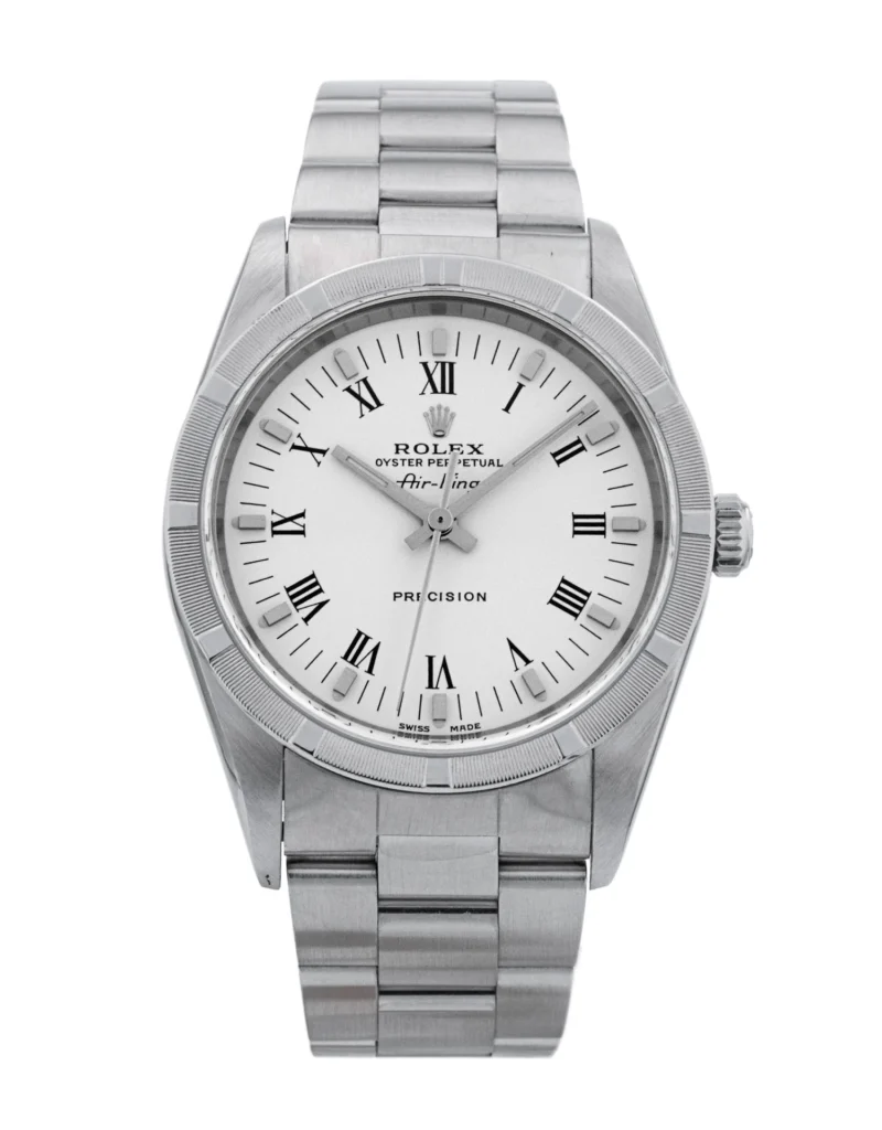 Silver Rolex Air-King wristwatch, model 14010M, with a white face, Roman numerals, and a metal band, viewed from above.