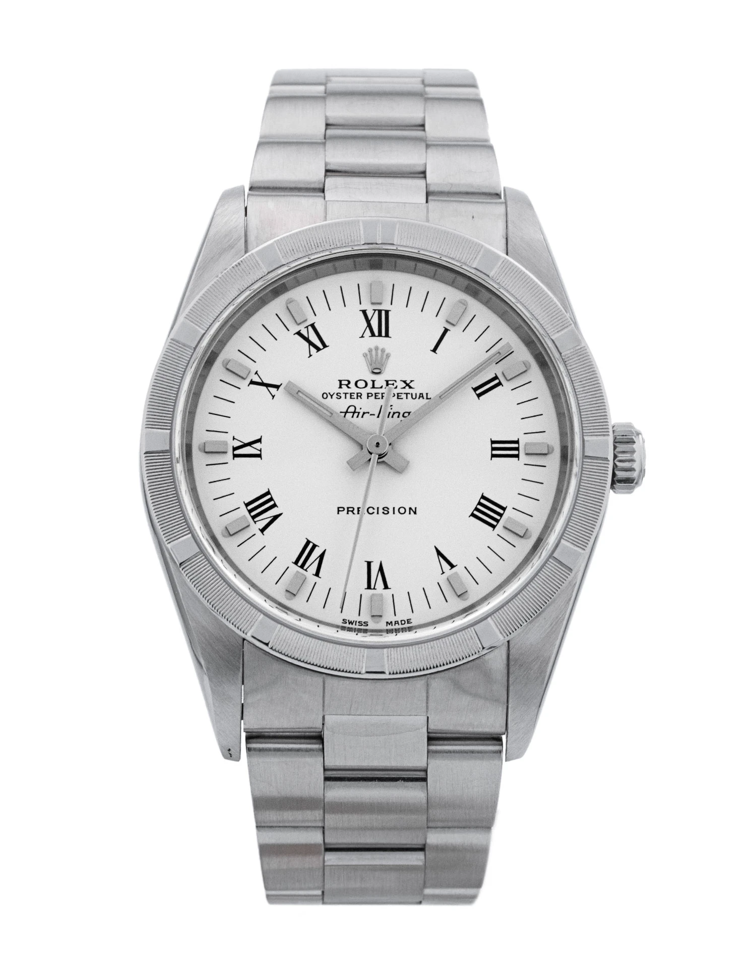Silver Rolex Air-King wristwatch, model 14010M, with a white face, Roman numerals, and a metal band, viewed from above.