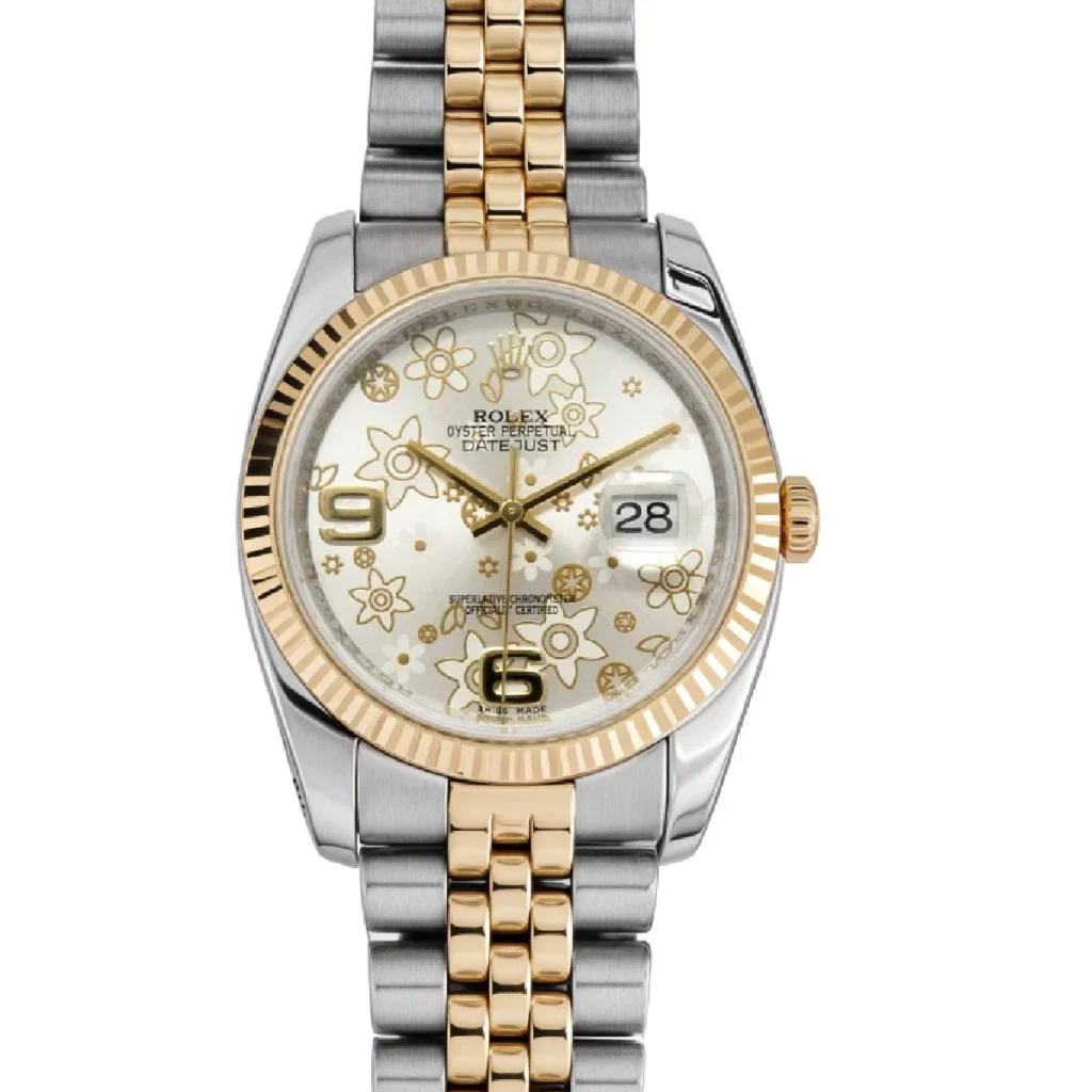 Two-tone Rolex Datejust watch 116233 with a floral-patterned dial, date window, and elegant silver-gold jubilee bracelet.