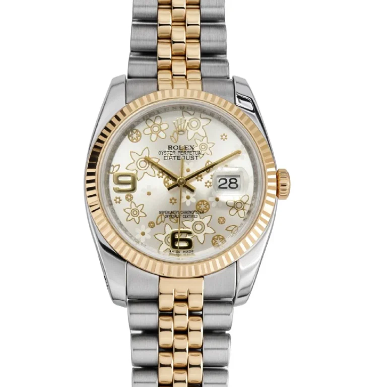 Two-tone Rolex Datejust watch 116233 with a floral-patterned dial, date window, and elegant silver-gold jubilee bracelet.