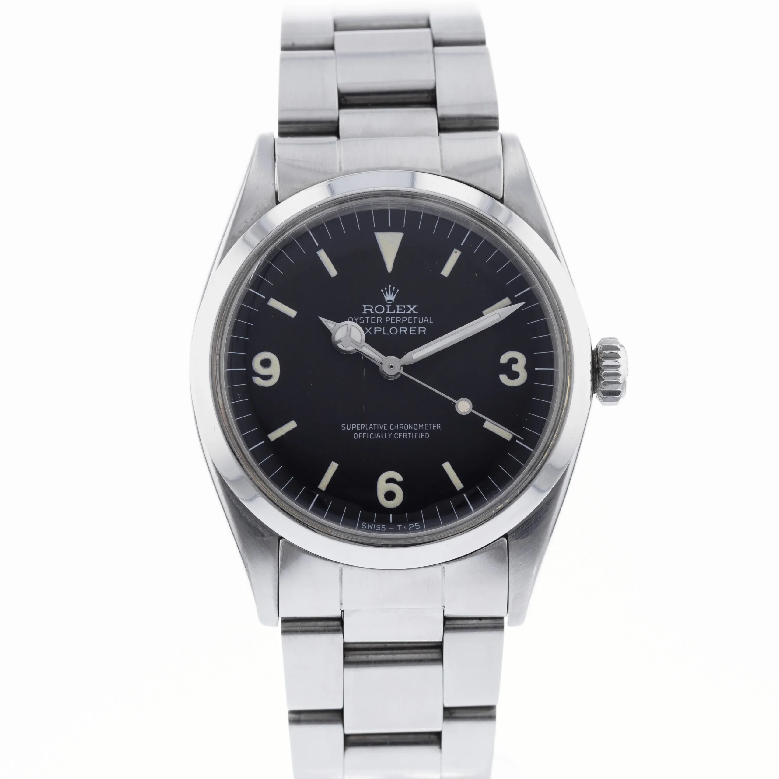 Stainless steel Rolex Explorer 1016 watch with a black dial and silver hour markers on a metal bracelet.