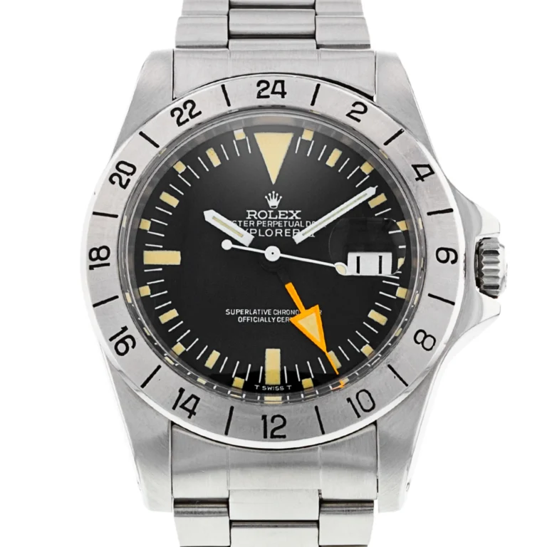 A stainless steel Rolex Explorer II 1655 watch with a black dial and an orange 24-hour hand.
