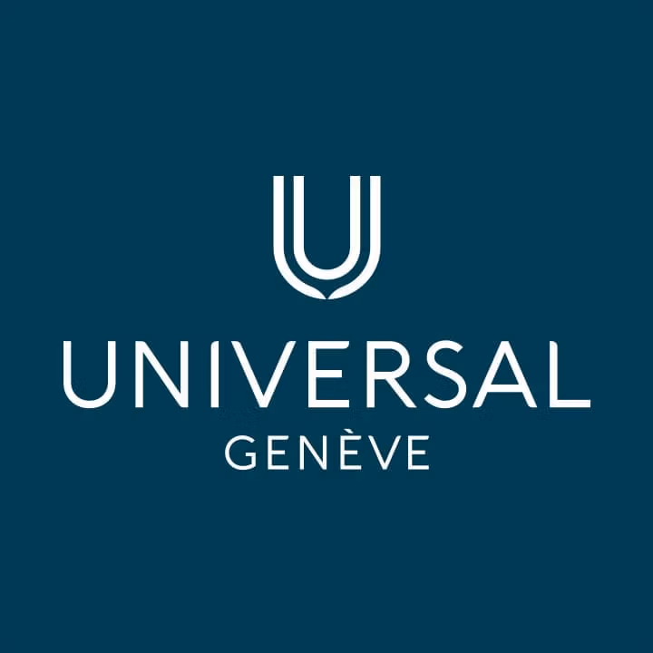 White Universal Genève logo with a stylized U on a dark teal background.