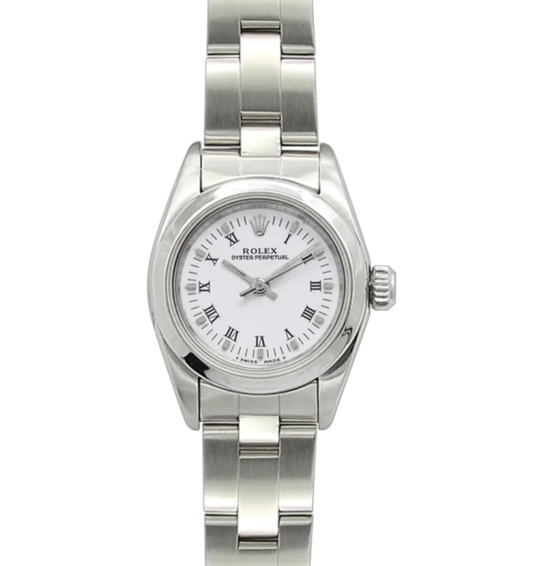 A silver Rolex Oyster Perpetual 67180 wristwatch with a white dial and Roman numeral hour markers.