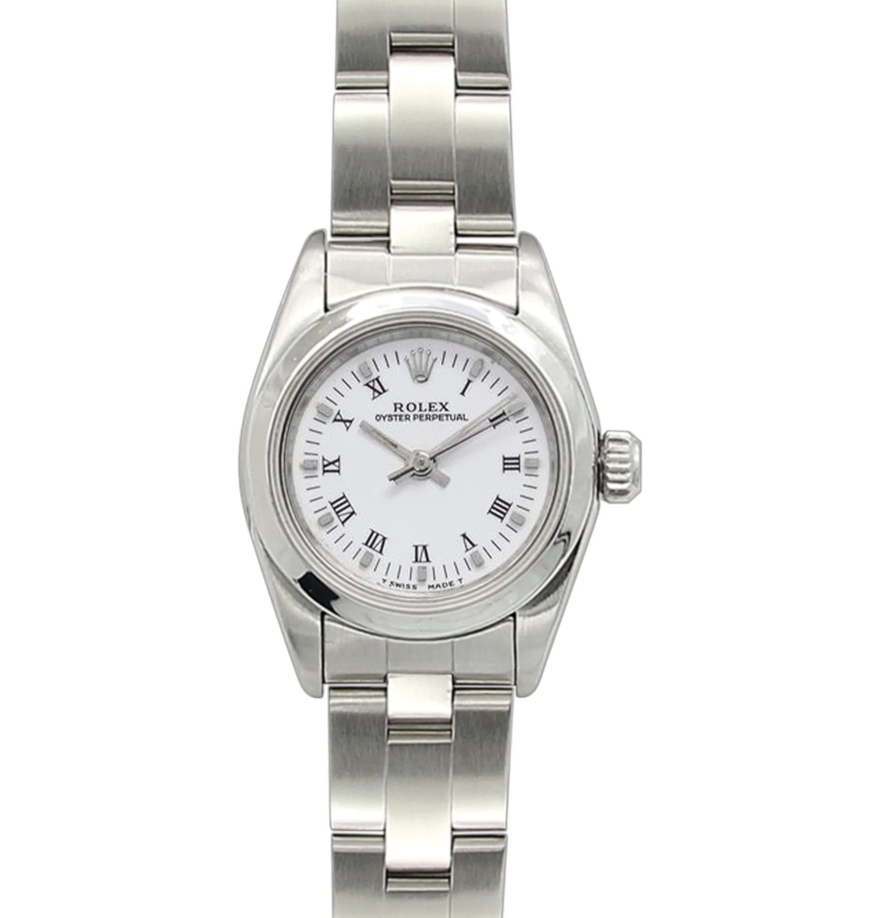 A silver Rolex Oyster Perpetual 67180 wristwatch with a white dial and Roman numeral hour markers.