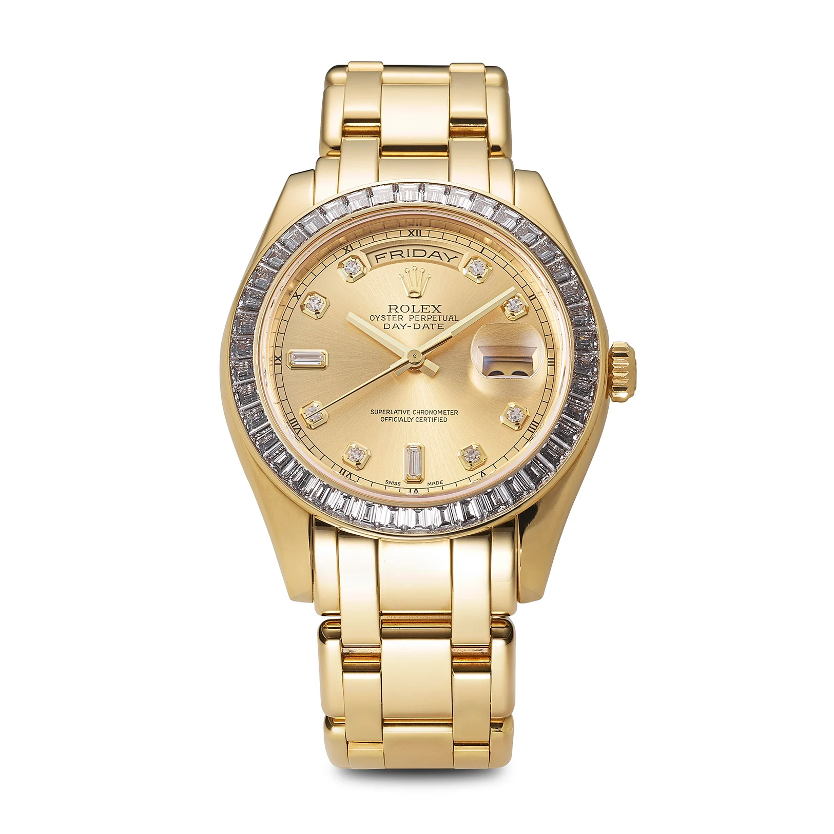 Gold Rolex Day-Date 18958 President watch with diamond hour markers and a baguette diamond bezel, displaying Friday on the dial.