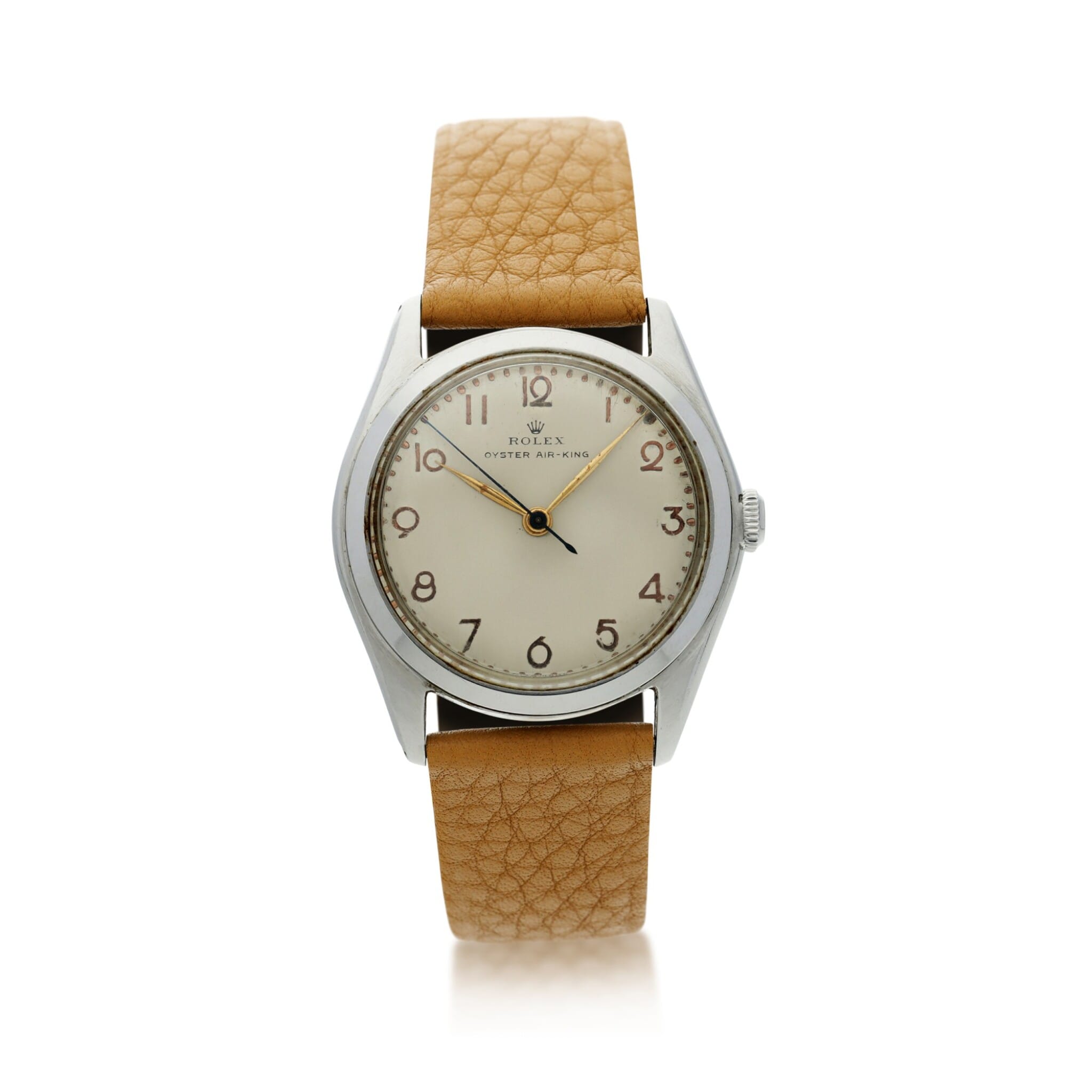A vintage Rolex Air-King 4925 watch with a tan leather strap and a silver case, featuring Arabic numerals on a white dial.