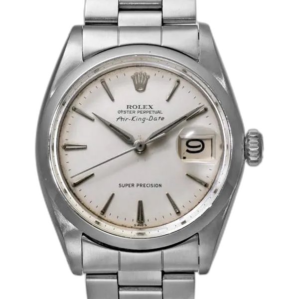 Silver Rolex Air-King Date watch with a white dial, date window at 3 o’clock, and sleek metal link bracelet—an iconic design inspired by the classic Rolex 5700.