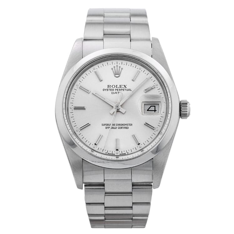 A silver Rolex Oyster Perpetual Date 15000 watch with a white dial and metal bracelet, featuring the date at 3 o’clock.