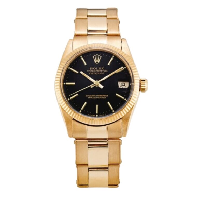 A gold Rolex Datejust 6625 wristwatch with a black dial and date display, shown against a white background.