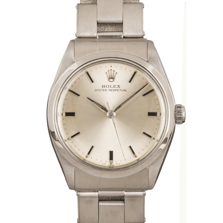 Silver Rolex Oyster Perpetual 5552 watch with a stainless steel band and minimalist dial.