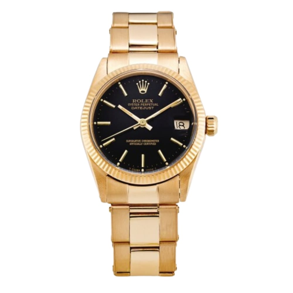 A gold Rolex Datejust 6625 wristwatch with a black dial and date display, shown against a white background.
