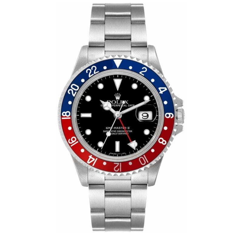 A silver Rolex GMT-Master II 16710 watch featuring a black dial, red and blue bezel, and clear date display.