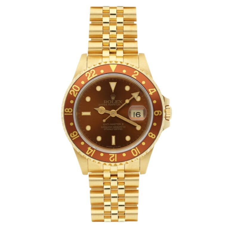 Gold Rolex GMT-Master II watch with a brown and red bezel, brown dial, gold markers, and a gold link bracelet.