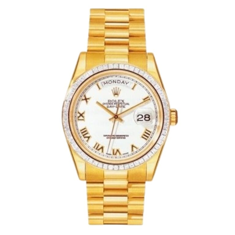 Gold Rolex Day-Date watch with a white face, Roman numerals, diamond bezel, and day-date display—an iconic Rolex President 118398 timepiece.