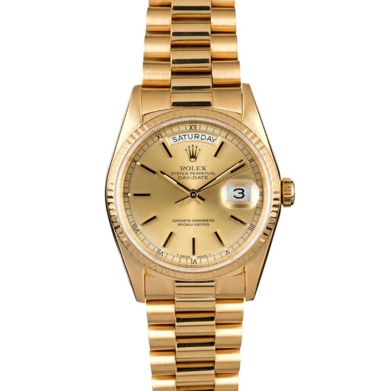 Gold Rolex Day-Date President 18208 watch with a gold dial, day display at 12 o’clock, and date window at 3 o’clock.