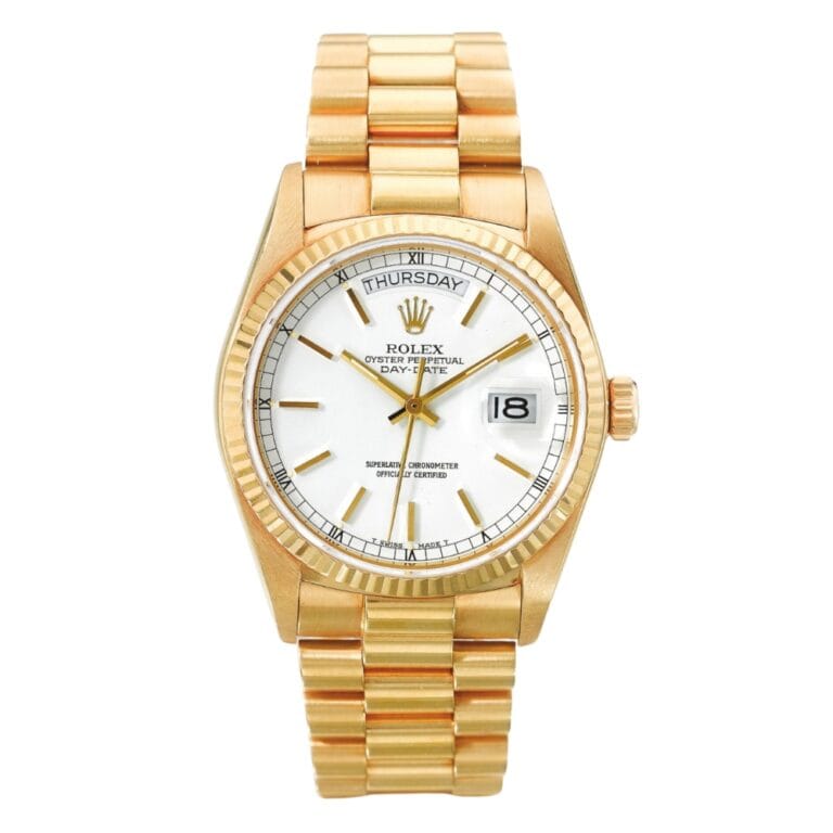 Gold Rolex Day-Date 18000 President wristwatch with a white dial, date window, and gold link bracelet on a white background.