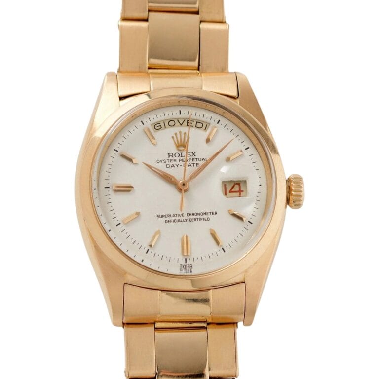 Gold Rolex President Day-Date watch with a white dial, showing the day and date, and a gold metal link bracelet.