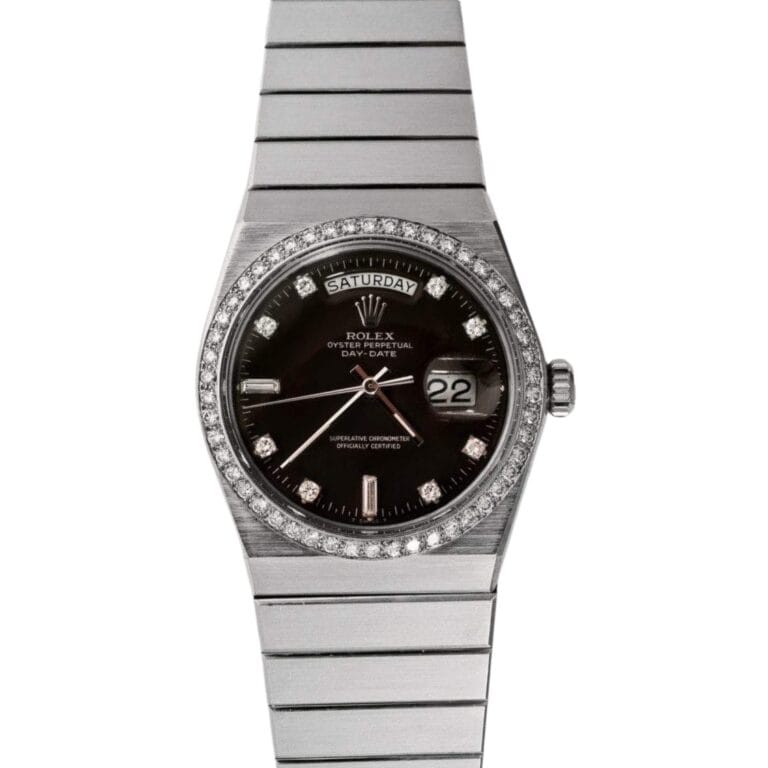 A silver Rolex Day-Date wristwatch with a black face, diamond hour markers, and day/date display.