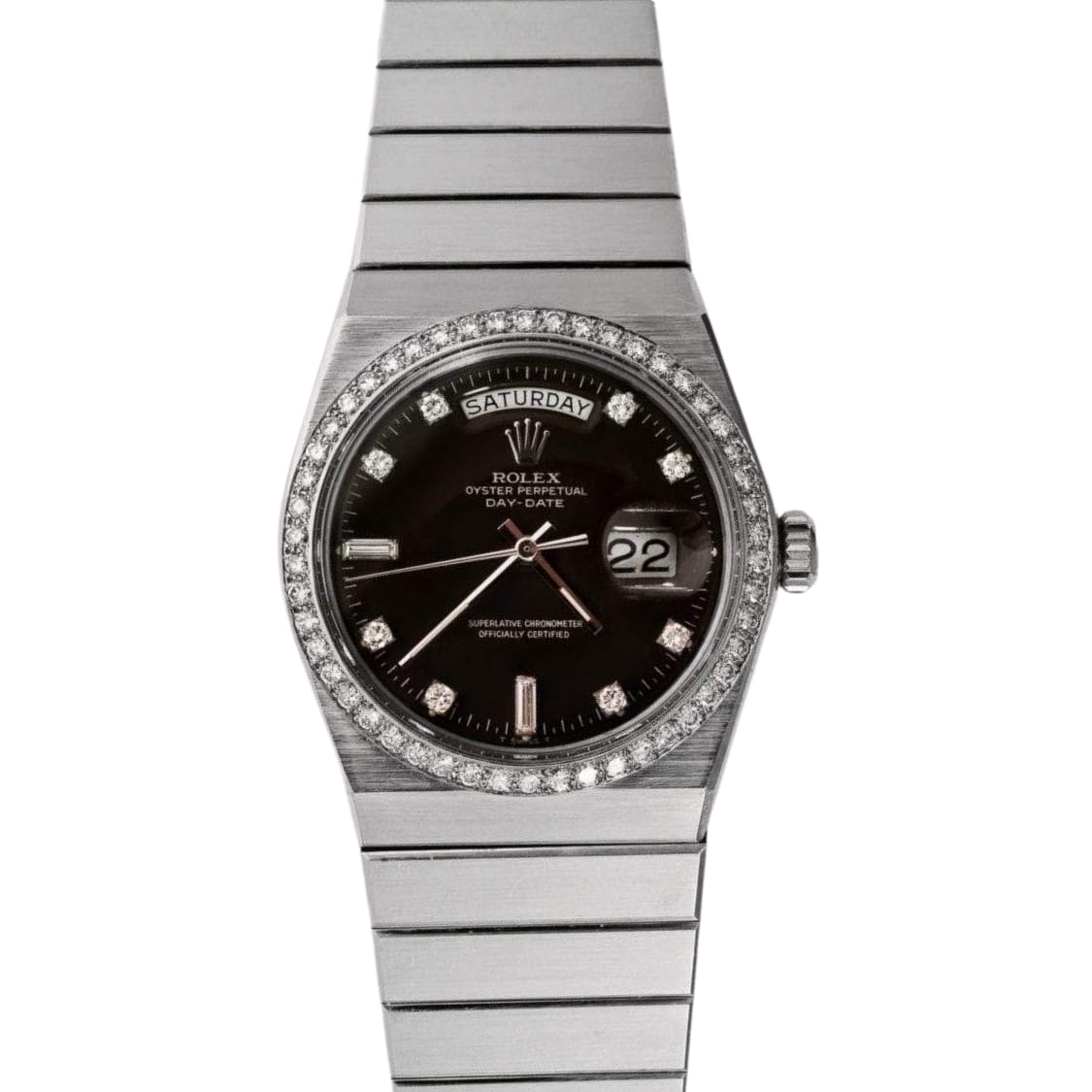 A silver Rolex Day-Date wristwatch with a black face, diamond hour markers, and day/date display.