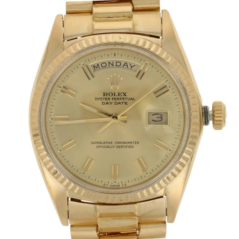 Gold Rolex President 1808 Oyster Perpetual Day-Date watch displaying Monday and the 3rd on its dial.
