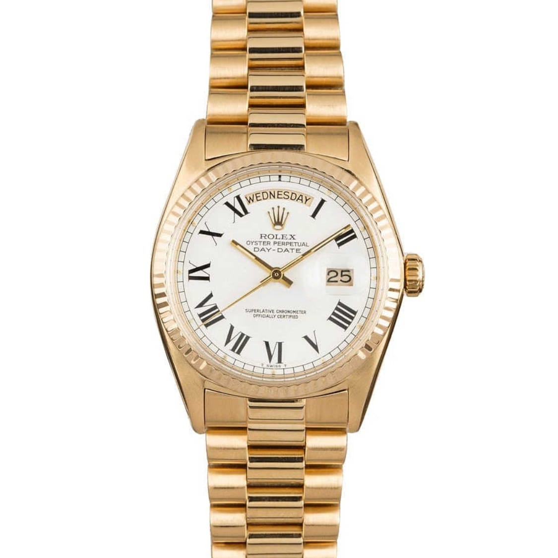 Gold Rolex Day-Date 1810 watch with a white dial, Roman numerals, and day and date display on a signature President gold link bracelet.