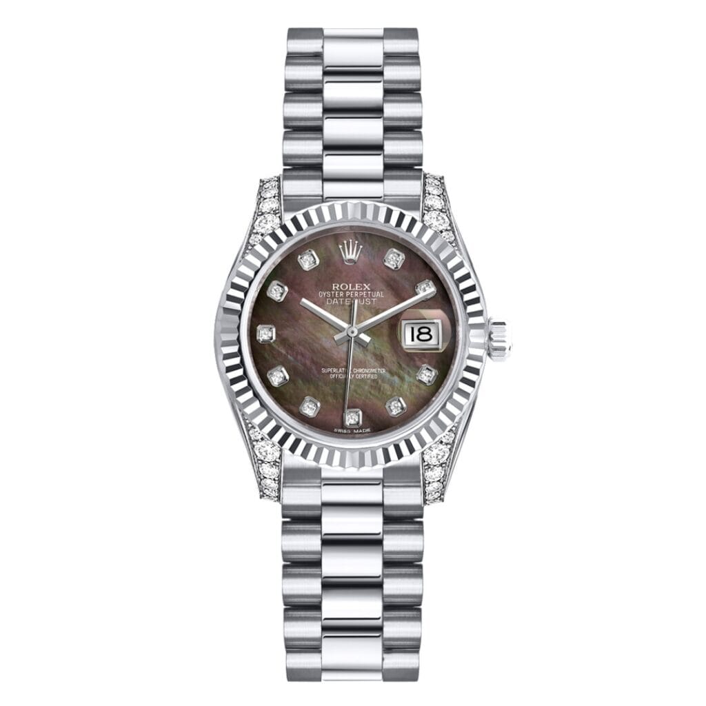 A silver Rolex Datejust watch with a dark mother-of-pearl dial, diamond hour markers, and a date display.