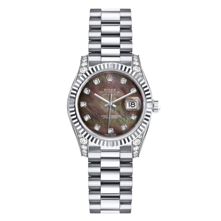 A silver Rolex Datejust watch with a dark mother-of-pearl dial, diamond hour markers, and a date display.