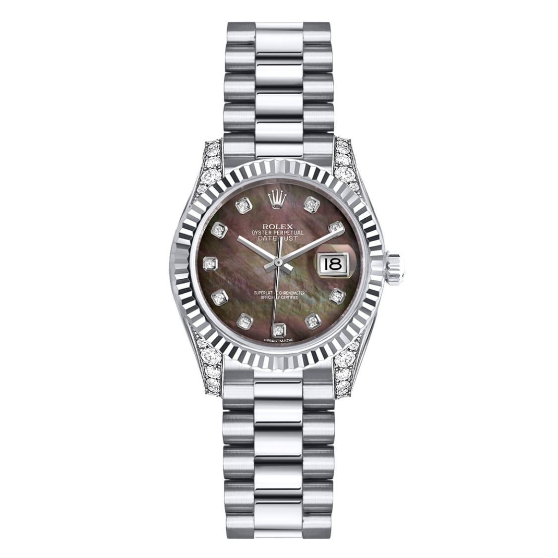 A silver Rolex Datejust watch with a dark mother-of-pearl dial, diamond hour markers, and a date display.