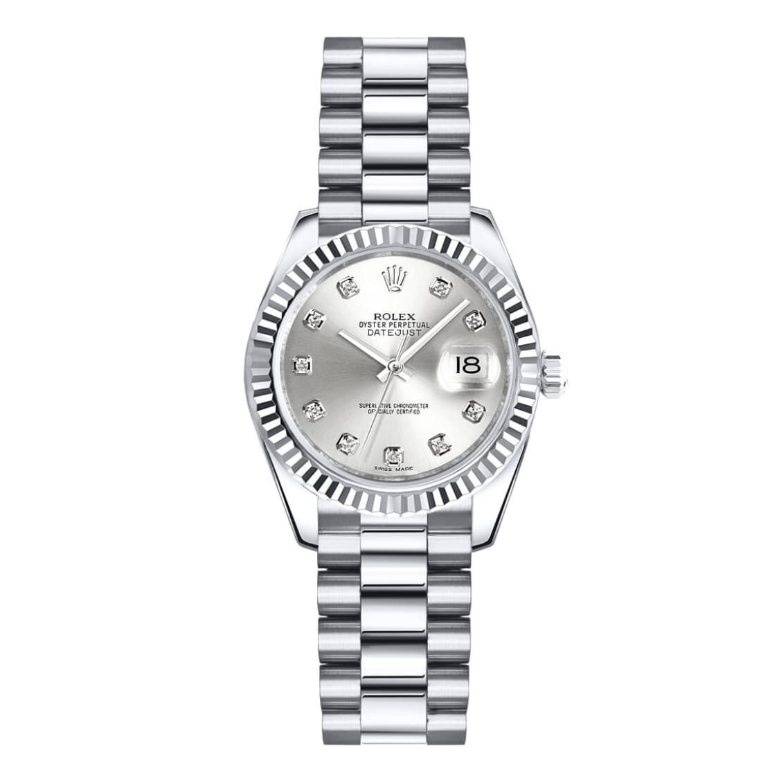 Silver Rolex Datejust 179179 watch with a metallic band, diamond hour markers, and a date display at the 3 oclock position.