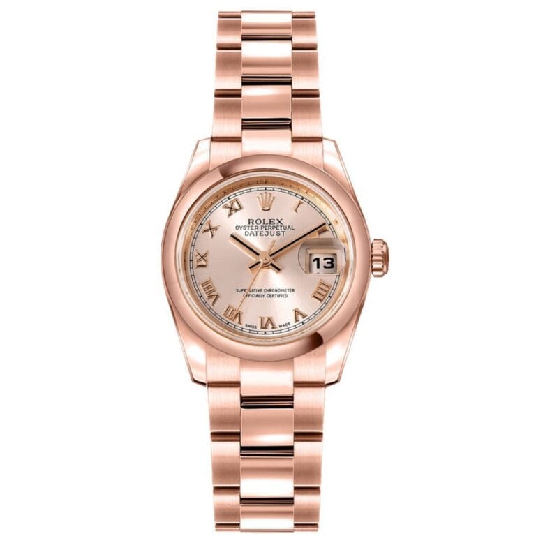 Rose gold Rolex Datejust 179165 Oyster Perpetual watch featuring Roman numerals and a date window at 3 o’clock.