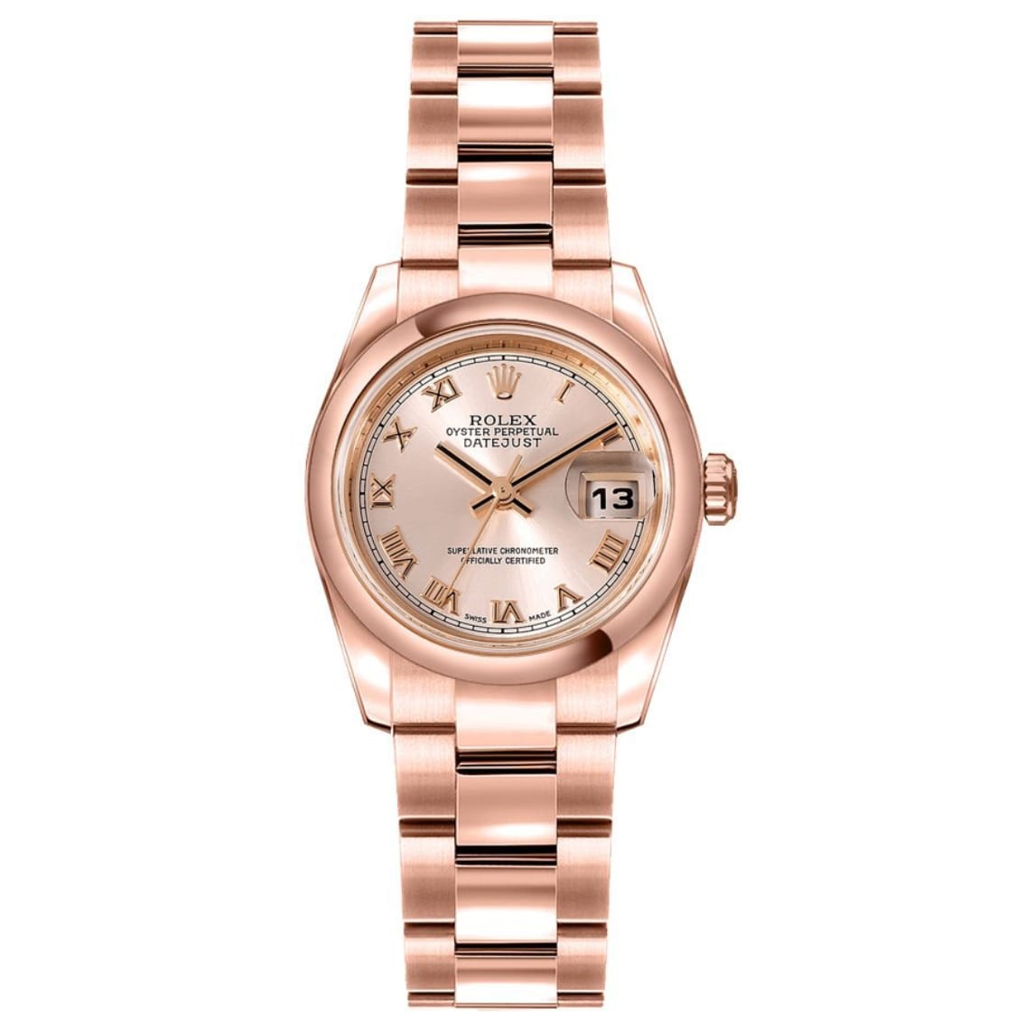 Rose gold Rolex Datejust 179165 Oyster Perpetual watch featuring Roman numerals and a date window at 3 o’clock.