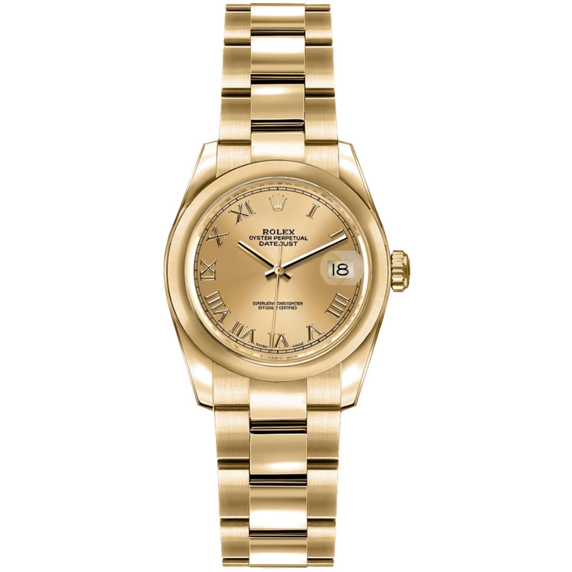 Elegant gold Rolex Datejust 179168 featuring Roman numerals and a date display on the right side, combining timeless style with classic Rolex craftsmanship.