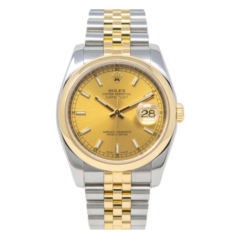 Rolex Datejust 116203 watch with a gold dial, date display, and a striking two-tone silver and gold bracelet.