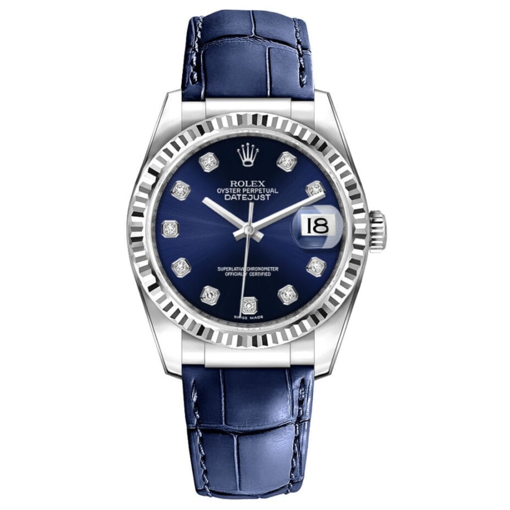 A Rolex Datejust 116139 luxury watch featuring a blue dial, diamond hour markers, date window, and blue leather strap.
