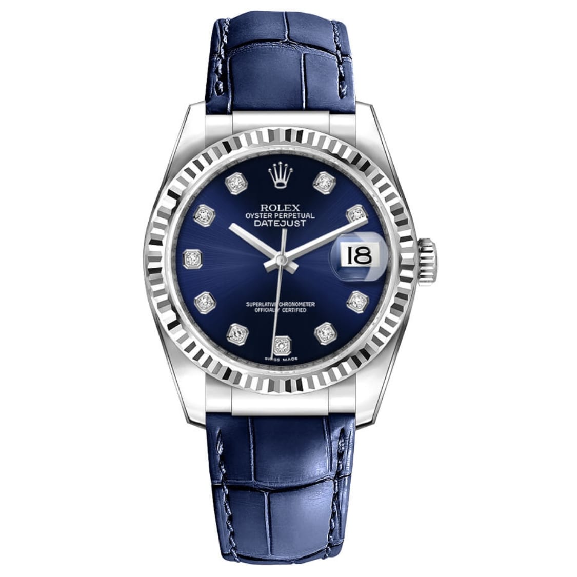 A Rolex Datejust 116139 luxury watch featuring a blue dial, diamond hour markers, date window, and blue leather strap.