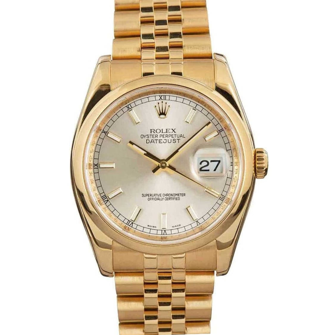 Gold Rolex Datejust watch, model 116208, featuring a silver dial, date display, and Roman numeral hour markers.