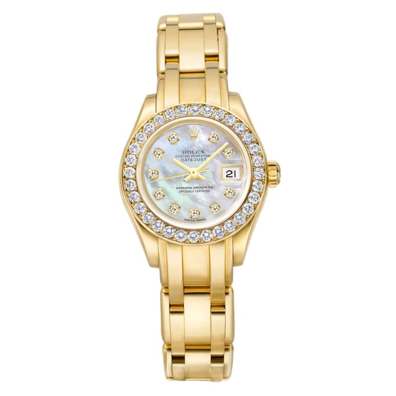 Gold Rolex Datejust 80298 watch with diamond bezel, mother-of-pearl dial, and date display on a gold link bracelet.