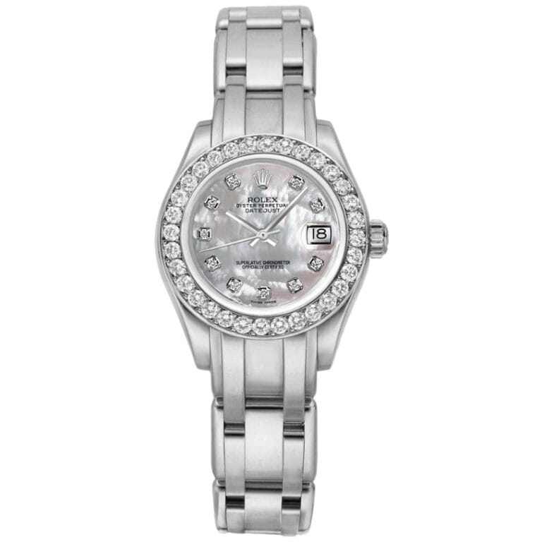 A silver Rolex Datejust 80299 watch with diamond markers and a diamond bezel, displaying the date at the 3 o’clock position.