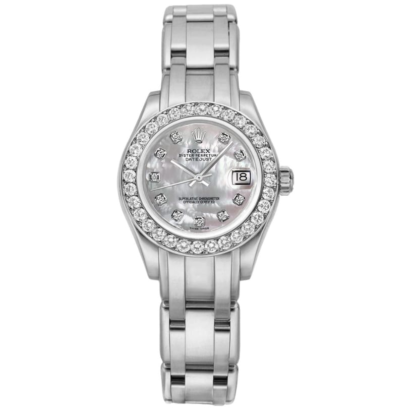 A silver Rolex Datejust 80299 watch with diamond markers and a diamond bezel, displaying the date at the 3 o’clock position.
