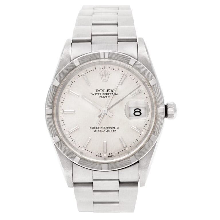 Silver Rolex Oyster Perpetual Date 1521 watch with a white dial, date window, and metal bracelet.
